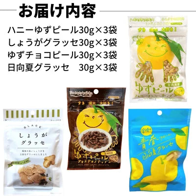 須木スイーツ食べ比べセット ゆずチョコピール3袋 ゆずハニーピール3袋 日向夏グラッセ3袋 しょうがグラッセ3袋 計12袋!グラッセ お菓子の詰め合わせ 甘露煮 ピール 柚子ピール ゆずピール 生姜糖 しょうが糖 宮崎県産 お土産